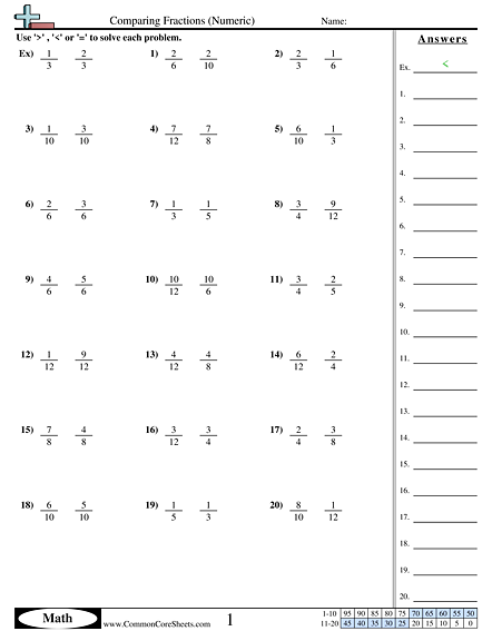 Fraction Worksheets - Comparing Fractions (Numeric) worksheet